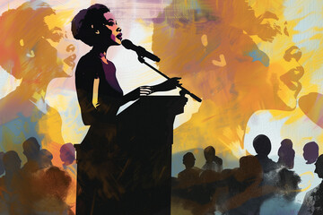 a black woman standing at a podium speaking to a crowd of listeners and inspiring them