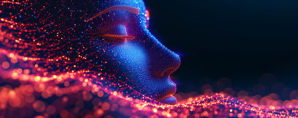 Futuristic 3d rendering of female face made of glowing particles. Futuristic female face made of glowing particles. 