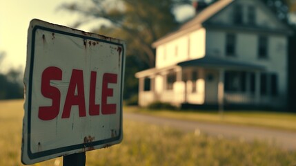 A sign with the inscription "Sale", against the backdrop of a large house with a lawn and a fence. Sale and purchase of real estate, debt, mortgages and bankruptcy. Illiquid property, housing crisis