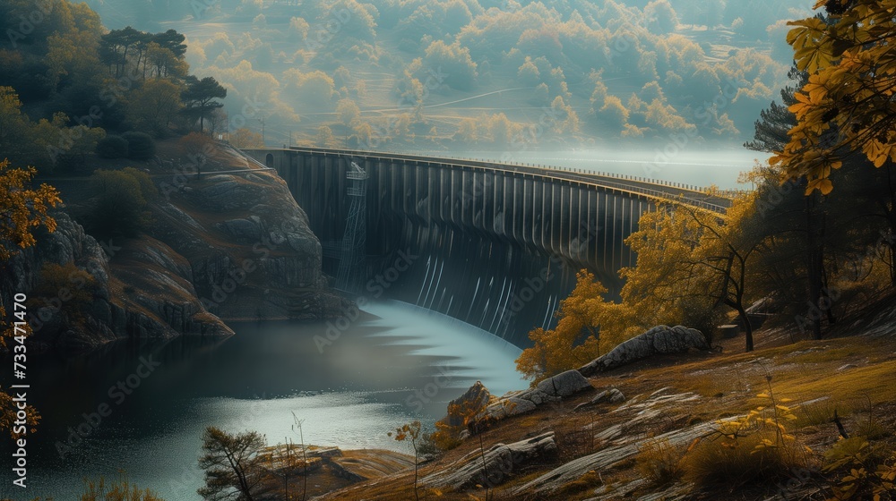 Wall mural hydroelectricity in nature: a dam integrated into a natural landscape, highlighting renewable energy