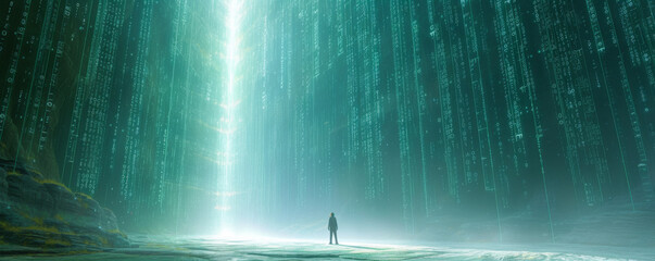 A man stands in front of a digital tunnel with binary code.
Cyber security and data protection concept.