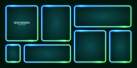Glowing neon banners, illuminated colorful square frames. Shiny vibrant border, glow effect. Azure vintage retro lights, night illumination. Modern futuristic UI design elements. Vector illustration