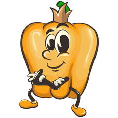 vector isolated clip art illustration of cute yellow bell peppers mascot with a king's crown folding his arms calmly, work of handmade