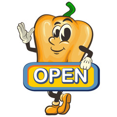 vector isolated clip art illustration of cute yellow bell peppers mascot carrying a sign that says open, work of handmade
