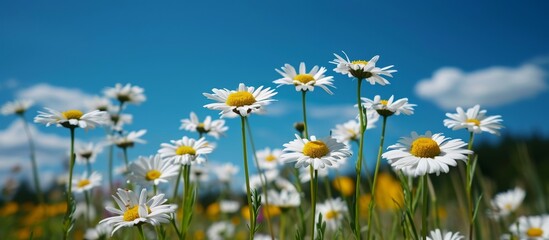 Chamomile blooms in the landscape with a blue sky backdrop.