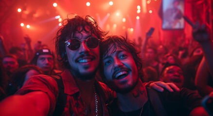 Two men capture the vibrant energy of a nightclub festival in a red-hued selfie, their faces...