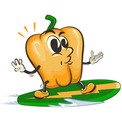 vector isolated clip art illustration of cute yellow bell peppers mascot surf with snowboarding, work of handmade
