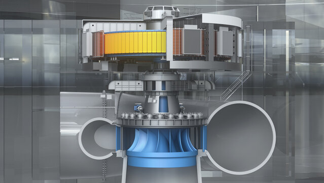Generator of hydroelectric power plant in section. Internal structure of Francis hydro turbine and spiral casing. Industrial design of rotor with stator. 3d illustration