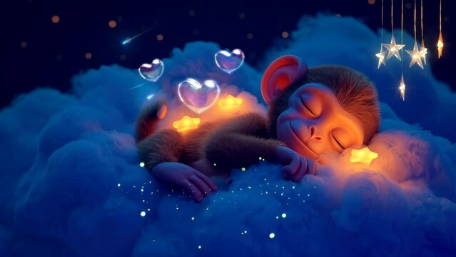Lullaby For Babies video template looping cute baby monkey sleep on cloud, relax and nice dream on night video looping 4k quality