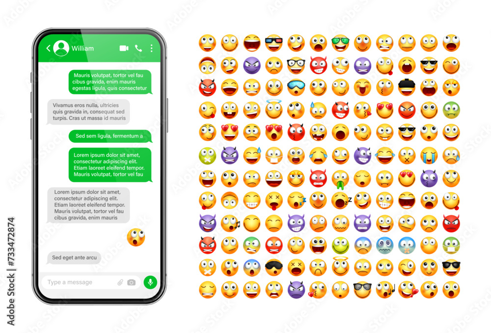 Fototapete smartphone messaging app, user interface design with emoji. sms text frame. chat screen with green m
