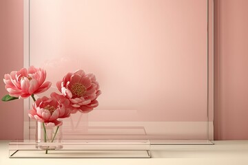 spring summer retro background with glass podium, flowers in vintage style and pastel shades