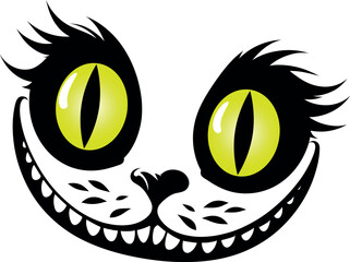 Fairytale cat with big eyes and a wide smile, cartoon print vector drawing