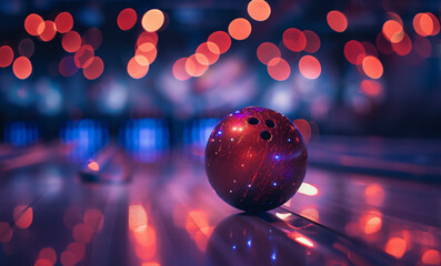 Bowling ball with sparkly surface in bowling alley with blurry neon lights at night. Retro vibes. Generative Ai - obrazy, fototapety, plakaty