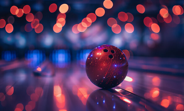 Bowling ball with sparkly surface in bowling alley with blurry neon lights at night. Retro vibes. Generative Ai