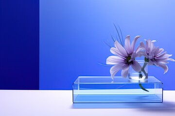 corrugated glass stands on a minimalist podium with white flowers , shade of blue with a purple undertone, cosmic color that is associated with the starry sky