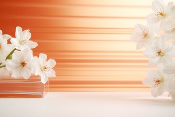 laconic background with white flowers and corrugated glass in color APRICOT CRUSH orange peach shade that reminds of summer sun and warm days . Artificial nature minimal concept.