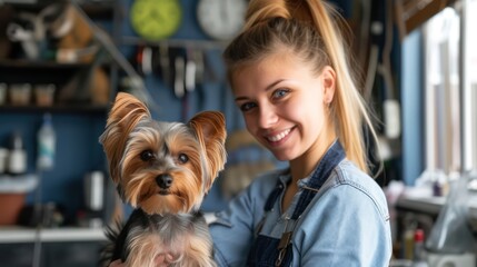 beautiful young groomer holding cute yorkshire terrier dog and smiling at camera in pet salon