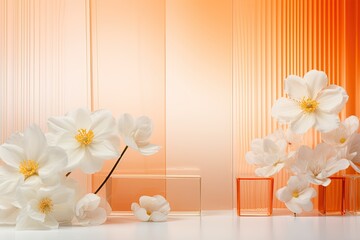 Obraz na płótnie Canvas laconic background with white flowers and corrugated glass in color APRICOT CRUSH orange peach shade that reminds of summer sun and warm days . Artificial nature minimal concept. 