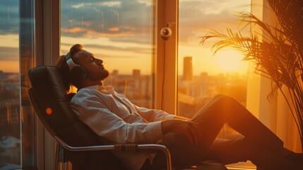 Businessman wearing headphones listens to music and relaxes sitting on a chair near window in his office - obrazy, fototapety, plakaty
