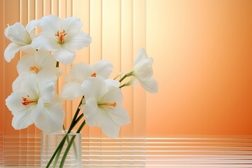 laconic background with white flowers and corrugated glass in color APRICOT CRUSH orange peach shade that reminds of summer sun and warm days . Artificial nature minimal concept.