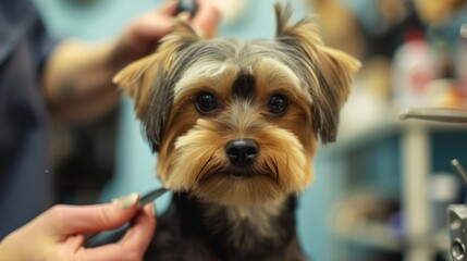 Crop groomer cutting face fur of calm dog in veterinary salon