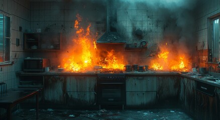 Amidst the chaos of flames and smoke, a kitchen becomes a furnace, spewing pollution and heat like a factory gone awry