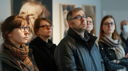 Group of people with glasses stand during an exhibition at the gallery