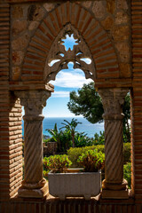View from the castle to the coast, Andalusia, Spain. Colomares Castle, a monument erected in honor of the traveler.