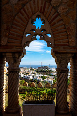 View from the castle to the city of Benalmadena, Andalusia, Spain. Colomares Castle, a monument erected in honor of the traveler.