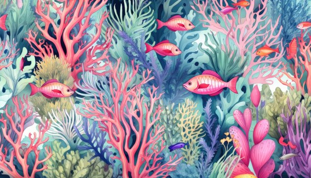 Seamless coral reef sea life illustration pattern --ar 7:4 Job ID: 8556a866-f8d6-4548-85c8-0481b4fd4aab