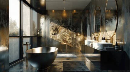 Luxurious Bathroom with Golden Sink and Elegant Modern Fixtures ,grey background Melty metallic...