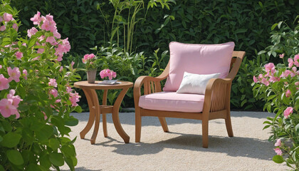 Fototapeta na wymiar Relaxation in a formal garden comfortable chair, pink blossoms 