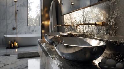 Luxurious Bathroom with Golden Sink and Elegant Modern Fixtures ,grey background Melty metallic...