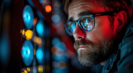 A contemplative man with a distinguished beard and moustache gazes intently at a glowing screen through his glasses, lost in thought amidst the reflections of the indoor glass