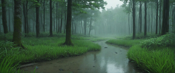 Deep in a friendly forest, rainy season. 