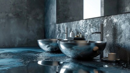 Luxurious Bathroom with Golden Sink and Elegant Modern Fixtures ,grey background Melty metallic textures elevate interior design