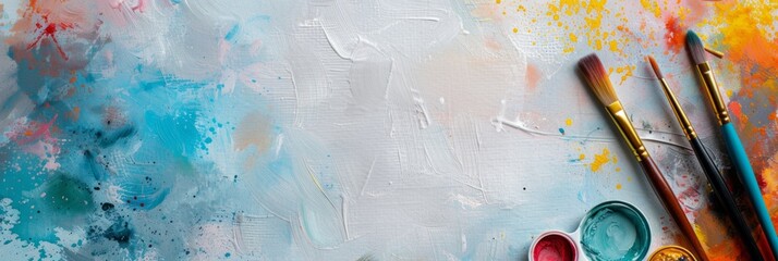 Extra wide banner header flatlay image with art paint supplies on textured canvas ideal for artistic creative painting product mockup, scene creator, text background, copy space