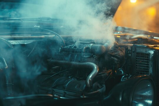 Car engine overheating and emitting smoke or steam.