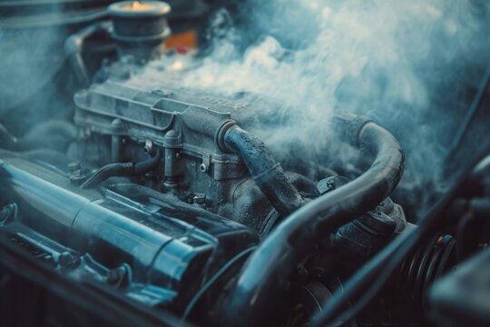 Car engine overheating and emitting smoke or steam.