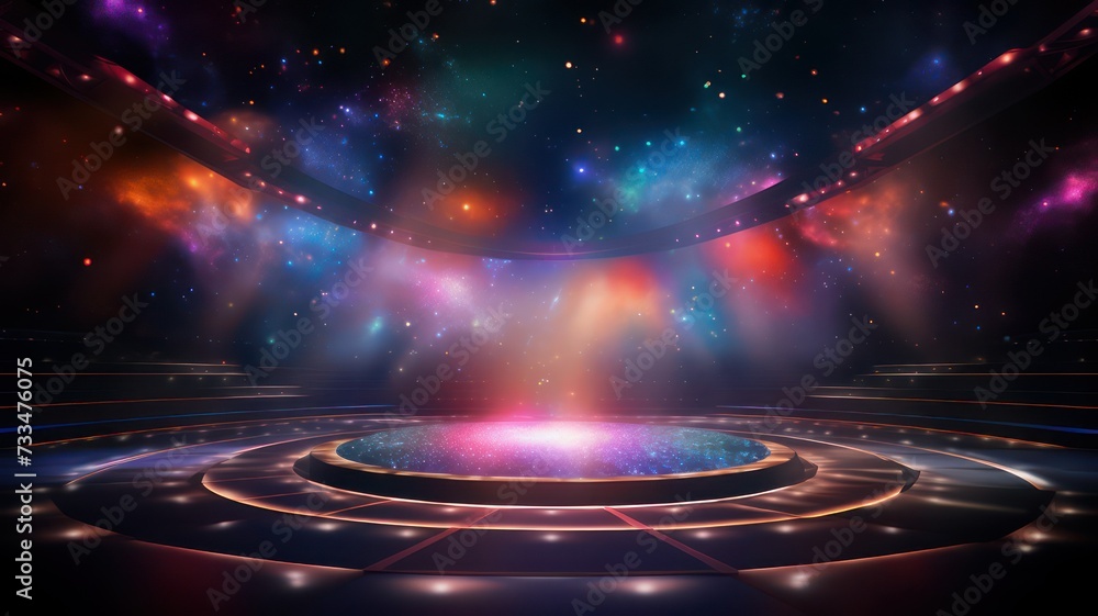 Poster modern empty stage with nebula and colorful lights created with generative ai