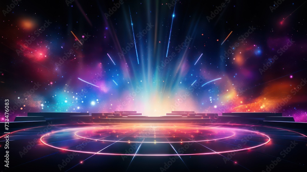 Poster modern empty stage with nebula and colorful lights created with generative ai