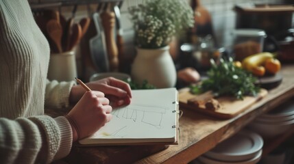 Hands clutching a notebook displaying an inventive sketch or blueprint for a kitchen design