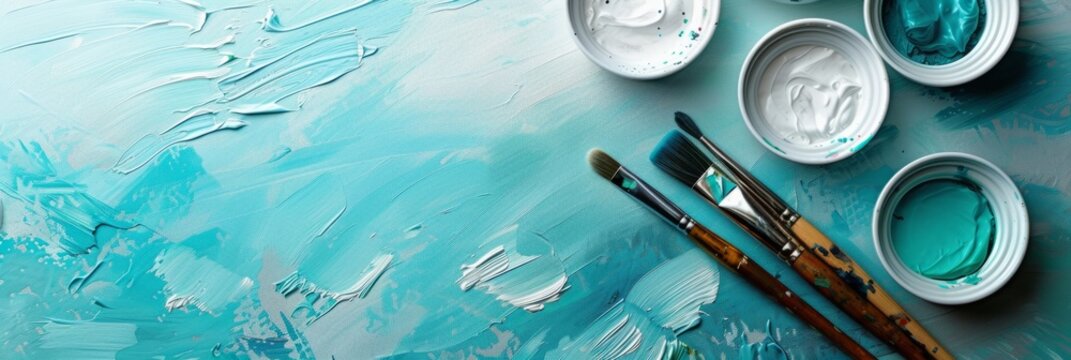 Extra wide banner header flatlay image with art paint supplies on textured canvas ideal for artistic creative painting product mockup, scene creator, text background, copy space