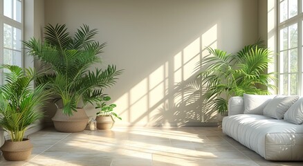 A cozy studio room with natural light streaming in through the window, showcasing a beautiful array of houseplants and a stylish couch, creating a perfect indoor oasis