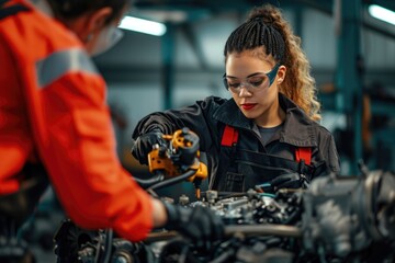 Female mechanics repairing engine in workshop.