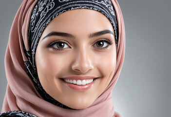 smiling beautiful young woman with head scarf or Muslim hijab