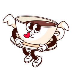 Groovy coffee cup character with wings and air kiss. Cartoon retro funny sticker of morning drink Valentine's Day, cute romantic coffee mascot, vector illustration.