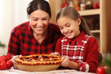 Grandmother and granddaughter baking fruit pie in bright kitchen - heartwarming bond