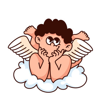 Boy angel with wings in clouds. Cute groovy cupid personage leans hands on clouds. Cartoon character of valentine's day with dreaming face. Romantic mascot of cute cupid, vector illustration.