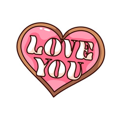 Groovy sticker with Love lettering vector illustration. Cartoon isolated retro sticker for social media with Love word of funny pink font in heart shape.
